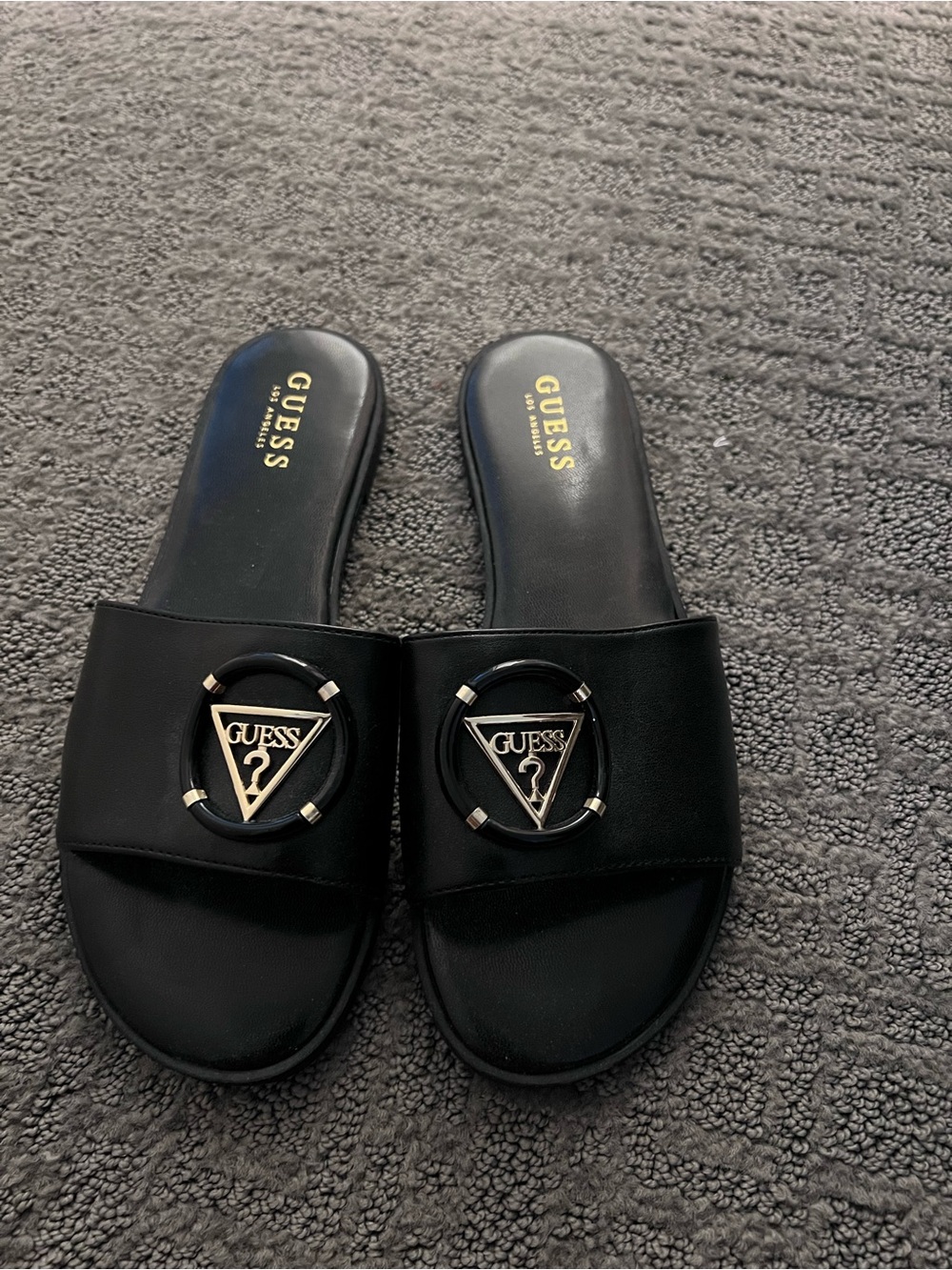 GUESS Black Slide Mules with Gold Triangle Logo